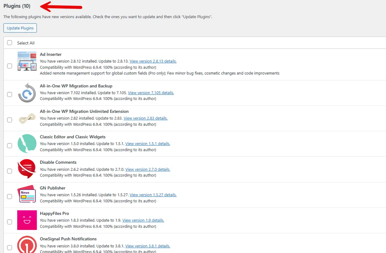 Wordpress Plugins Pending Update